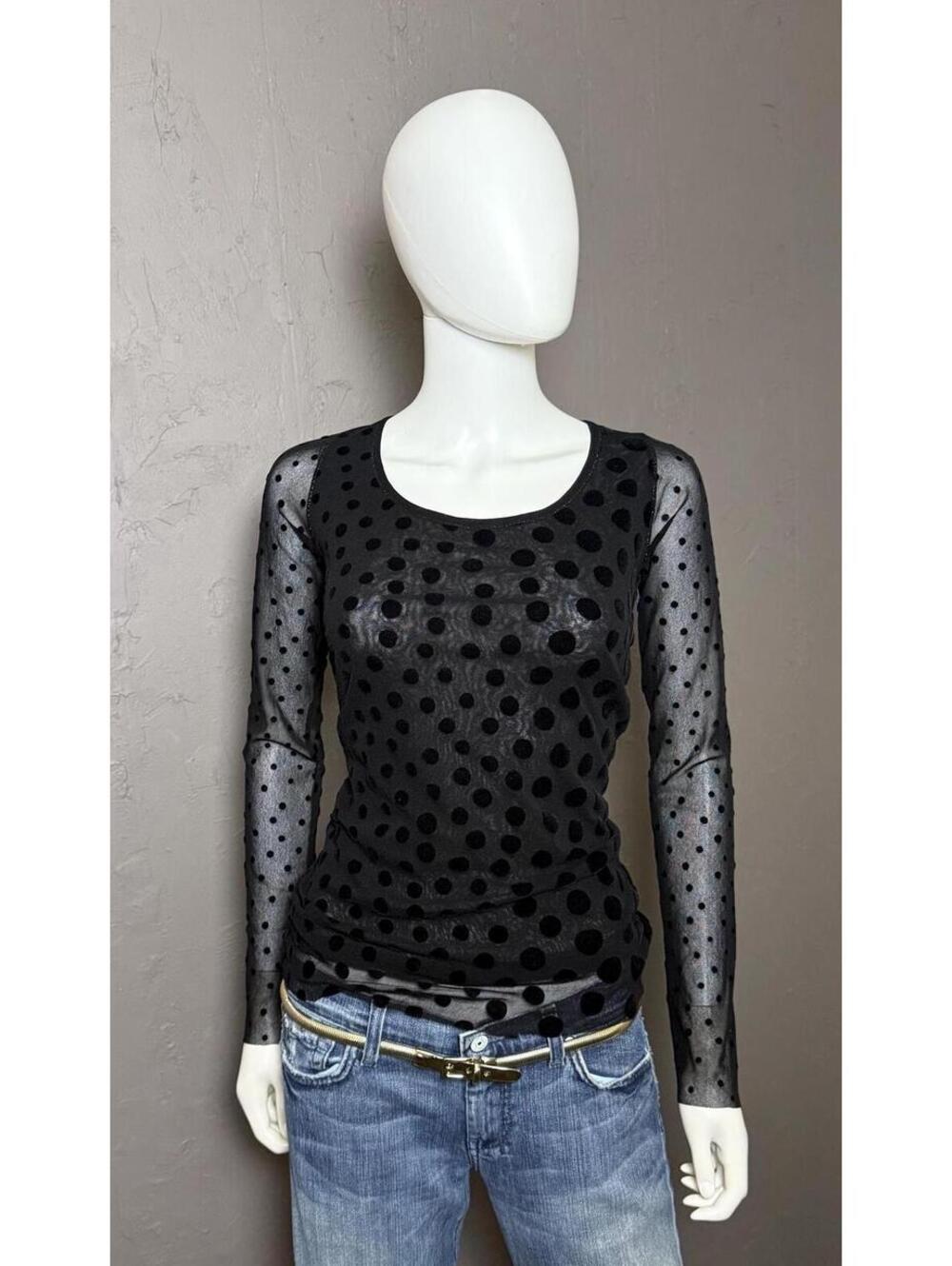 Y2K FUZZI Brand Mesh Top Black Polka Dot Flocked size XL